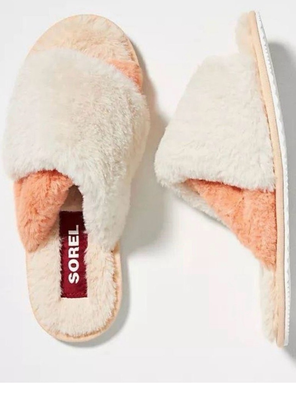 Sorel Women's Cream and Peach Fuzzy Slide Slippers